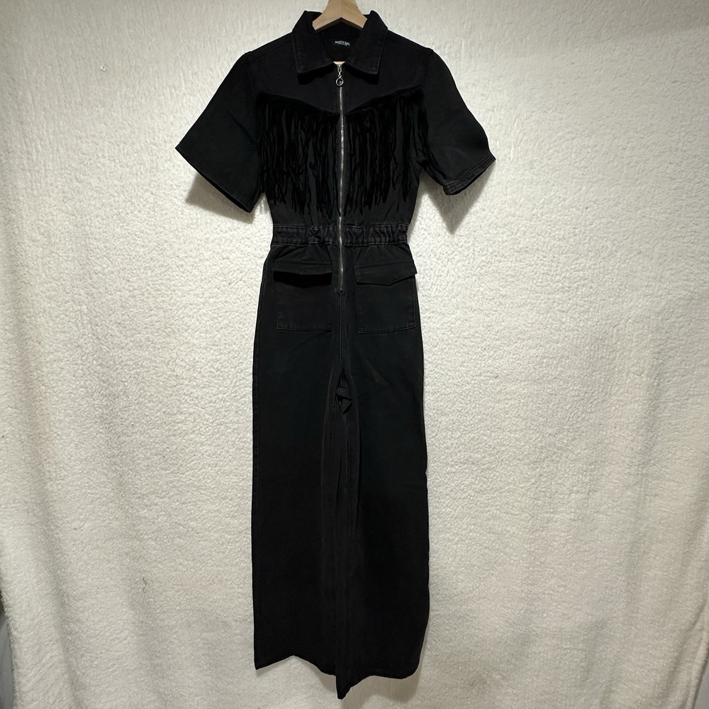 Nasty Gal Collection Black Denim Fringe Detailing Zip Up Front Jumpsuit Sz US 4